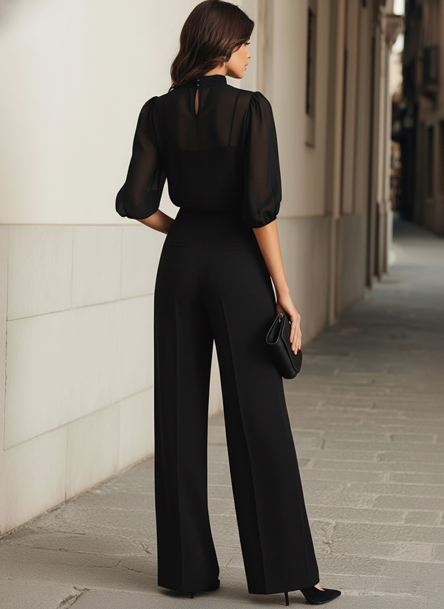 Black Chiffon Top And Wide Leg Pants Three Piece Set