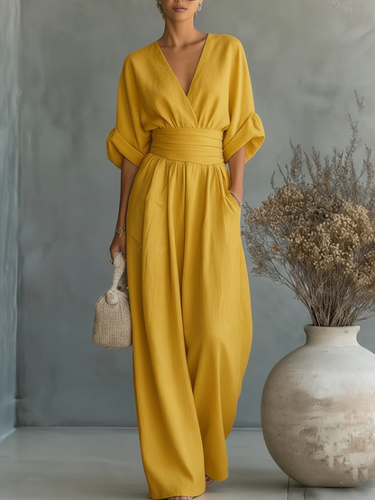 Elegant jumpsuit med V-ringning och hög midja